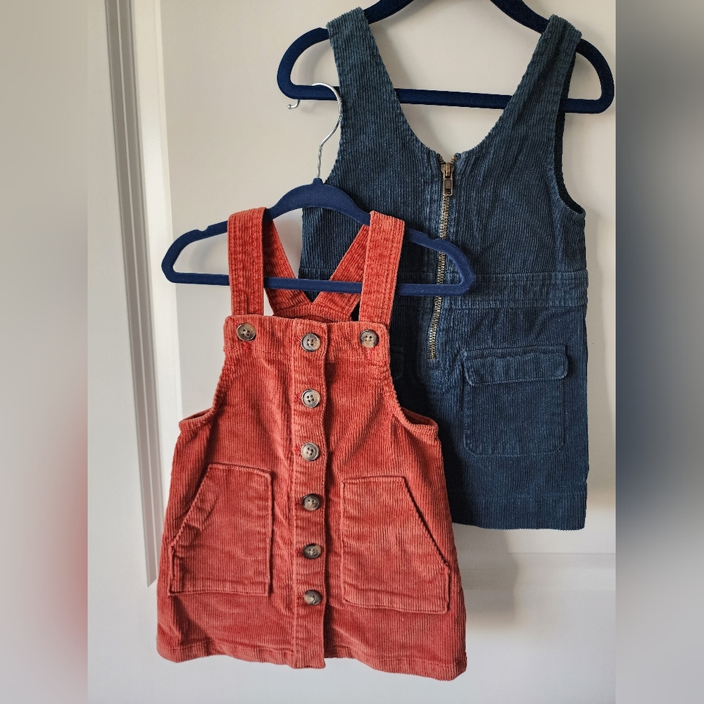 Pair of corduroy jumper dresses, size 18m & 2T
